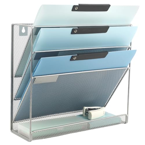 EASEPRES Desk File Organizer Mesh 4-Tier, Hanging Wall Mount Document Organization Stand, Desktop Vertical Mail Paper Folder Holder Rack with Bottom Tray for Office Home Cubicle Countertop, Silver - color: Silver, size: 4 Tier