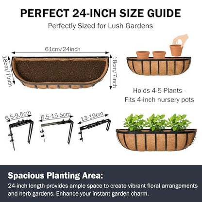 24“ Window Box Railing Planter with Coco Liner Metal Wall-Mounted Coconut Liner Planter Basket English Horse Trough Planters for Outdoor Deck Balcony Porch Fence Patio Black (2 Pack) - size: 24 Inch