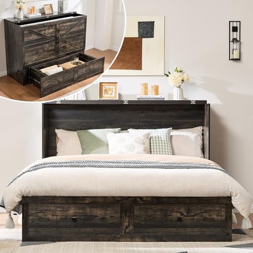 AMERLIFE Full Murphy Bed Cabinet with Charging Station and Storage, Farmhouse Foldable Platform Bed for Guest Room, Office, Small Spaces, Black Oak - color: Black Oak, size: Full
