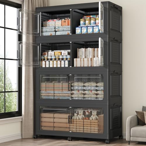 200Gal Stackable Storage Bins with Lid, 800Qt Extra Large Collapsible Storage Box with Wheels, Dividers, Folding Plastic Cabinet Closet Organizers for Home Kitchen Office Dorm, 4Pack Black - color: Black, size: 50Gal-4Pack