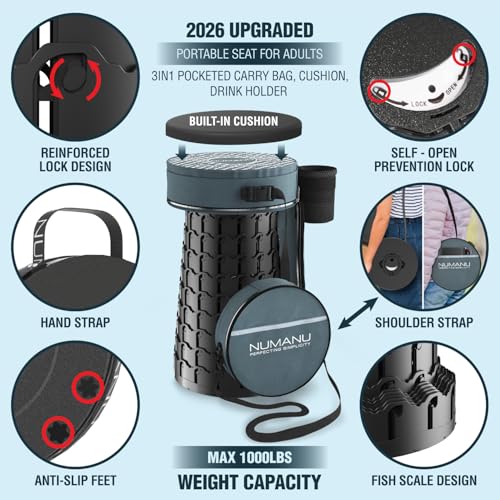 NUMANU 2026 Upgraded XXL Collapsible Stool & 3IN1 Cushioned Carry Bag, 2.7"-19.7" Height Adjustable, Max 1,000lbs Portable Retractable Telescoping Seat, Foldable Camping Stool for Adults (XXL Round) - size: XXL Round (Stool & 3IN1 Carry Bag)