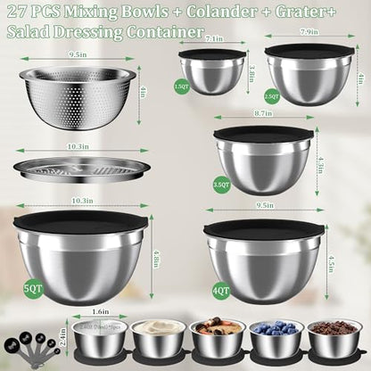 Mixing Bowls with Lids Set, 27Pcs Stainless Steel Nesting Mixing Bowls Set for Kitchen Cooking & Storage, Metal Salad Bowls with Colander, Strainer, Grater & Dressing Containers, Kitchen Gadgets Black - color: Coal-Black
