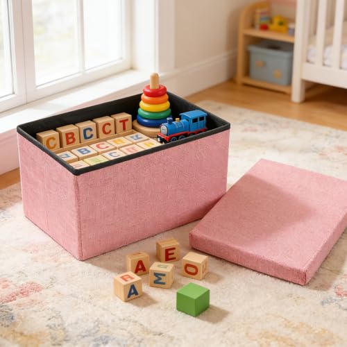 HOZEON 3 Pack 15.7 x 9.8 x 9.10 Inches Folding Storage Ottoman, Pink Rectangle Footrest Seat, Multifunctional Foot Stool for Living Room, Office, Traveling, Fishing, Camping - color: Pink
