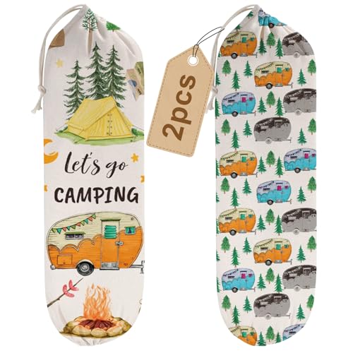 2Pcs Camping RV Essentials Plastic Bag Holder, Reusable Hanging Grocery Bags Holder for Camper RV Accessories, Portable Trash Bags Organizer for Camper Must Haves, Picnics, Beach, Hiking - style: Camper