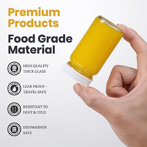 20 Pack 2 oz Glass Shot Bottles w/ White Lids & 20 Labels - Small Clear Jar for Ginger, Wellness Shot, Juice, Sample, Whiskey - Travel Essentials Mini Bottles - Wide Mouth, Leakproof, Dishwasher Safe - color: White Lid, size: 20 Pack