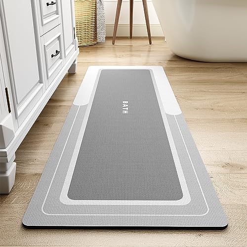 MontVoo-Bath Mat Rug Runner Long Bathroom Mat Non Slip Super Absorbent Stain Resistant Quick Dry Thin Bathroom Rug Fit Under Door-Bath Mats for Bathroom Floor Bathtub Vanity-Bathmat 17"x50" Grey - color: Grey, size: 17"x50"(runner)