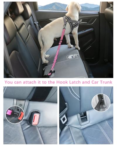 AUBELL Dog Seat Belt for Car,2 Pack Set 3-in-1 Adjustable Reflective Bungee Heavy Duty Dog Car Harness Tether with Clip Hook Latch & Buckle,Swivel Zinc Alloy Carabiner,Black+Hotpink - color: Set Black+Hotpink