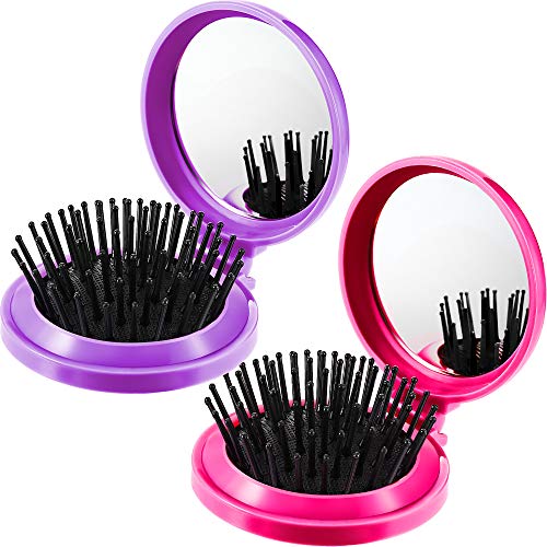 Boao 2 Pack Foldable Travel Mirror Hair Brushes Portable Folding Pocket Hair Brush Mini Comb Compact Travel Size Massage Comb for Men Women(Purple, Rose Red,Round) - color: Purple, Rose Red, style: Round