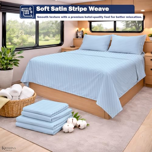 KRISHNA Queen Size 4 Piece Egyptian Cotton Sheet Set, Luxury Hotel Quality Light Blue Stripe Bed Sheets, Soft Breathable Cooling Bedding, 6-10 Inch Deep Pocket Fitted Sheet - color: Light Blue Stripe, size: Queen : 60" x 80"