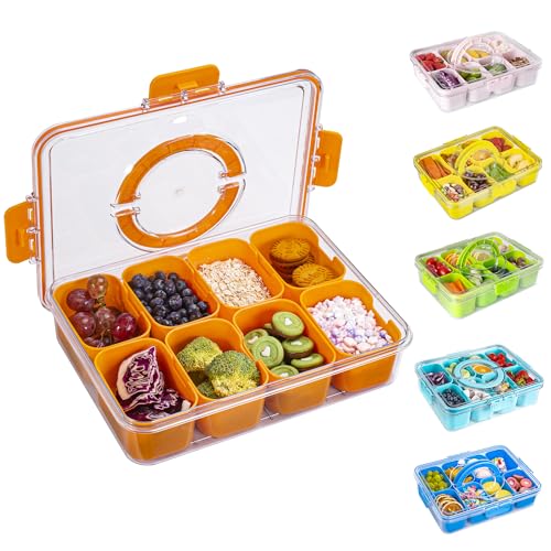 WACOI Divided Snack Serving Tray with Lid and Handle Travel Snackle Charcuterie Container Portable Storage Organizer for Candy, Fruits, Nuts, Snacks, Party, Picnic (1pack, Orange) - color: Orange, size: 1 Pack-8 Compartments