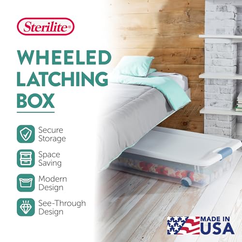 Sterilite 4-Pack 56 Quart Wheeled Latching Box, Underbed Clear Plastic Storage Organizer - Under Bed Rolling Container Bin with Lid and Wheels for Home or Dorm Bedrooms and Closets - size: 56 Quart, style: 4 Pack