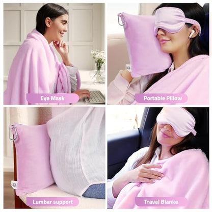Travel Blanket Pillow,Airplane Blanket Compact with Bag Eye Mask, Ultra-Soft,Warm & Lightweight Included,Travel Essentials for Women & Men, Luggage Sleeve & Backpack Clip 65x40 in,Purple - color: Pastel Purple