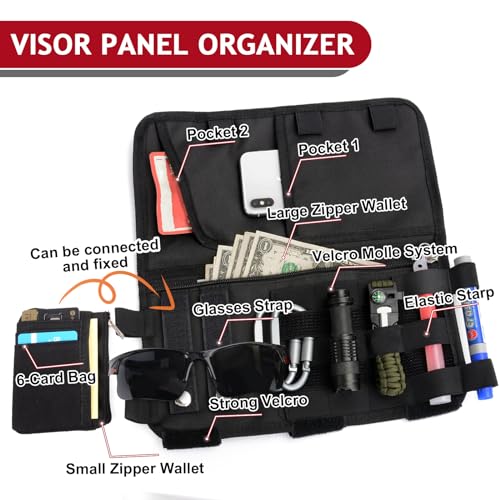 Molle Visor Panel Organizer, Tactical Car Sun Visor Cover Molle Webbing Compatible Elastic Slots Vehicle Visor Storage Holder Pouch for All Vehicle