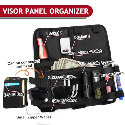 Molle Visor Panel Organizer, Tactical Car Sun Visor Cover Molle Webbing Compatible Elastic Slots Vehicle Visor Storage Holder Pouch for All Vehicle