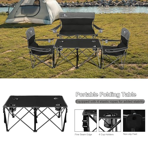 Camping Chair Set of 3, Outdoor Folding Camping Chairs for Heavy People with Cup Holder & Carry Bag,Collapsible Chair Include One Sofa Chair and Two Single Chair,Support up to 500lbs - color: Black-4pcs