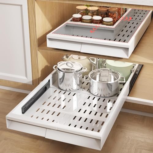 Seinloes Pull Out Cabinet Organizer, 4-Side Expandable to Fit Most Cabinets, 3 Rail Slide Out Drawers with Raising Pad for Framed & Frameless Cabinets, 11"-16" W x 17"-24" D, White, 2 Pack - color: White, size: 11"-16"W x 17"-24"D(2Pack)