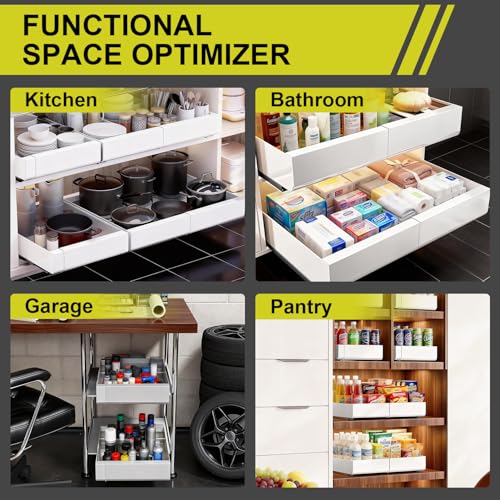 1-Pack Expandable Pull Out Cabinet Organizer 21" Deep with 3 Slide Rails, Adjustable Width (12"-22") Drawer Organizer for Kitchen Pantry Base Cabinets, Fixed with Roll Out Shelves Adhesive, White - size: 1 Pack