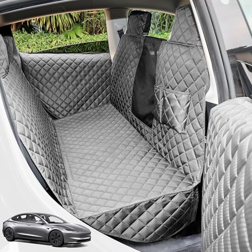 PETICON Dog Seat Covers for Tesla Model 3 & Y Back Seat with 2 Pack Door Protectors, 100% Waterproof Dog Hammock for Tesla with Mesh Window & Headrest Protection Prevents Scratches and Scuffs (Gray) - color: gray
