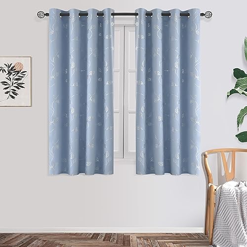 BUHUA Heat Blocking Curtains, Black Out Curtains 63 Inch Long 2 Panels Burg, Soundproof Curtains with Silver Leaf Printed (52 x 63 Inch, Baby Blue, Set of 2 Panels) - color: Silver Leaf /Baby Blue, size: 52"W x 63"L (Pack of 2)