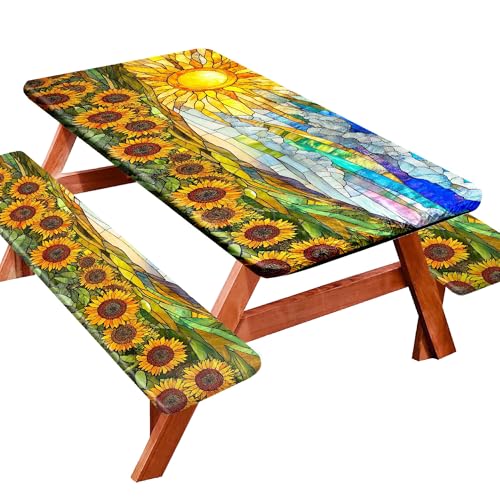 Picnic Table Cover with Bench Covers 72IN 6FT, Camping Essentials Tablecloth Waterproof Oilproof with elastic Edge for Indoor Outdoor Patio (Sunflower Sun) - color: Sunflower Sun