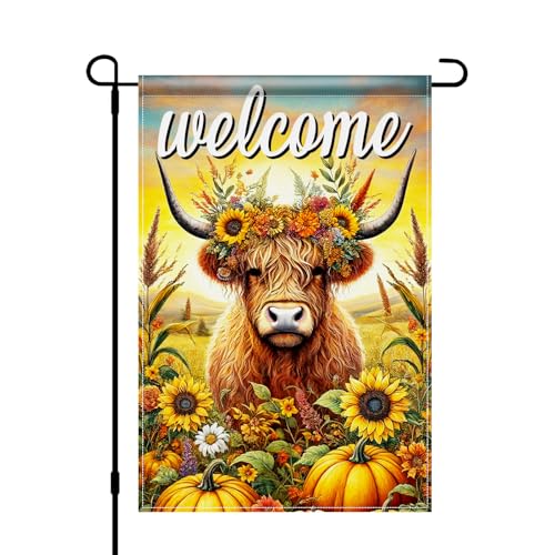 BlissYard Welcome Highland Cow Garden Flag 12x18 Inch Burlap Garden Flag Double Sided Vertical Outdoor Decor Sunflower Pumpkin Cow Theme Yard Banner Fall Harvest Seasonal Lawn Porch Decoration - color: Highland Cow Garden Flag
