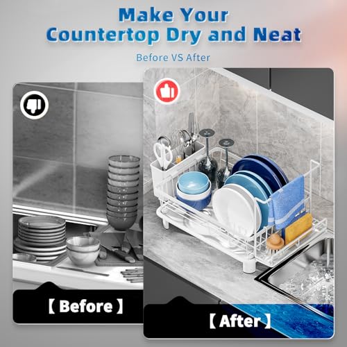 Dish Drying Rack, Stainless Steel-Dish Rack, Dish Racks for Kitchen Counter, Kitchen Dish Drainers with Removable Utensil Holder,New drain outlet,Plate Rack and Drainboard,(white 2 with Sponge Rack) - color: White 2