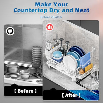 Dish Drying Rack, Stainless Steel-Dish Rack, Dish Racks for Kitchen Counter, Kitchen Dish Drainers with Removable Utensil Holder,New drain outlet,Plate Rack and Drainboard,(white 2 with Sponge Rack) - color: White 2