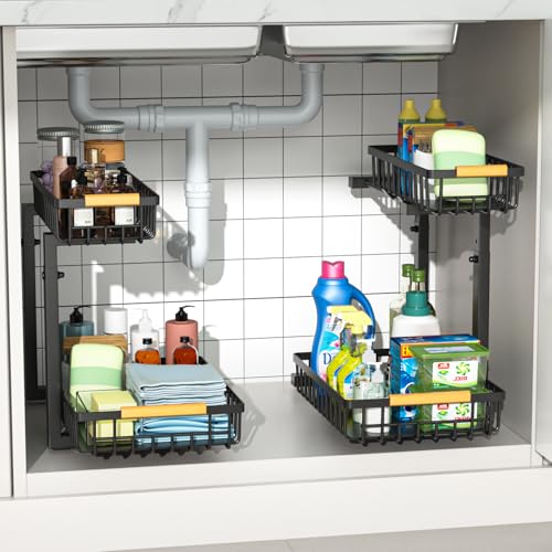 Merrylun Under Sink Organizers,5 Adjustable Height，Metal Pull Out Under Sink Organizers and Storage Shelves with Sliding Drawer, Black, 2 Pack（Hight 13.6″-16.9″） - color: Black, size: 2 pack