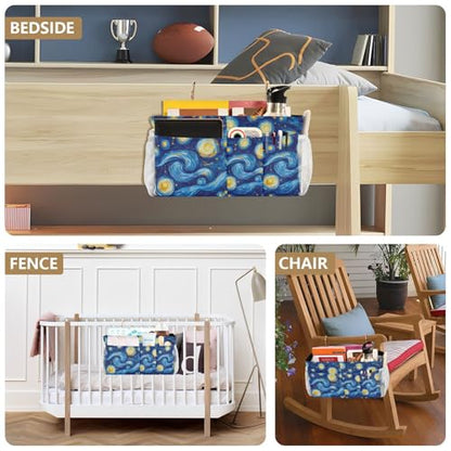 Bedside Caddy Hanging Storage Bag Van Gogh Style Starry Night Bedside Organizer Caddy for Bunk, Dorm Room, Hospital Beds - Place Magazines / Remotes / Keys
