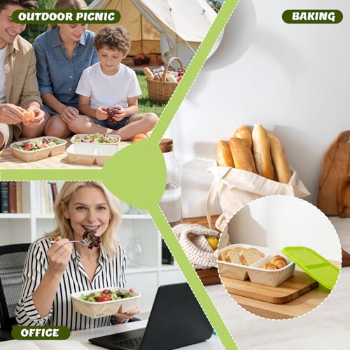 8 Pack 32oz Paper Lunch Box Bento Boxes, 2-Compartment Food Storage Containers with Lids, Leakproof Soak-Proof and Microwave Safe, Disposable To Go Boxes for Picnics, Offices, Catering, Green Lid - color: Green