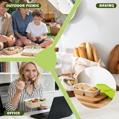 8 Pack 32oz Paper Lunch Box Bento Boxes, 2-Compartment Food Storage Containers with Lids, Leakproof Soak-Proof and Microwave Safe, Disposable To Go Boxes for Picnics, Offices, Catering, Green Lid - color: Green