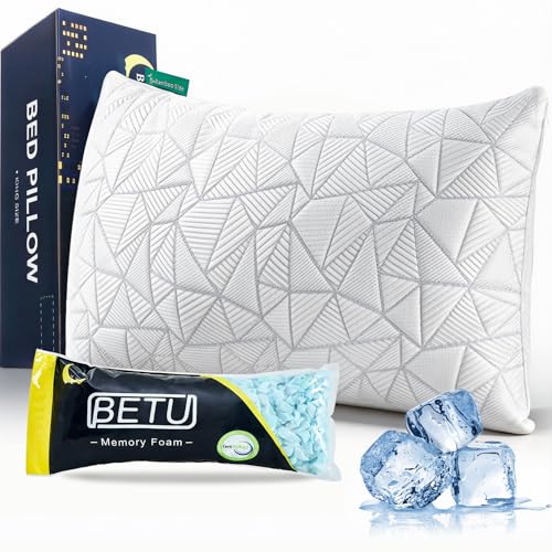 BETU Standard Pillow, Cooling Shredded Memory Foam Pillow for Hot Sleepers College Dorm Room Essentials, Adjustable Firm Gel Cool Pillow for Back Pain and Side Sleeping, Birthday Gifts for Boyfriend - color: White, size: Standard Size Pack of 1