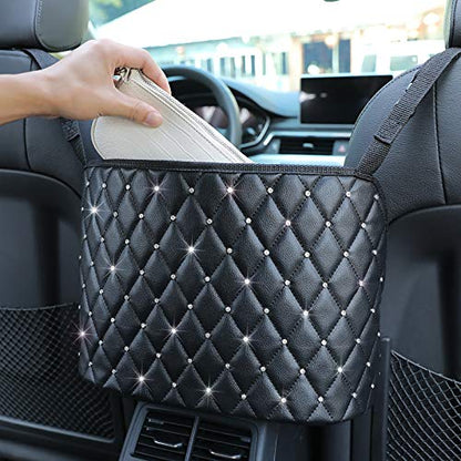 Car Pocket Handbag Holder Purse Hook for Car Leather Seat Back Organizer Holder Barrier of Backseat Pet Kids for Car Handbag Holder Between Two Seats of Car - color: Black with Diamond