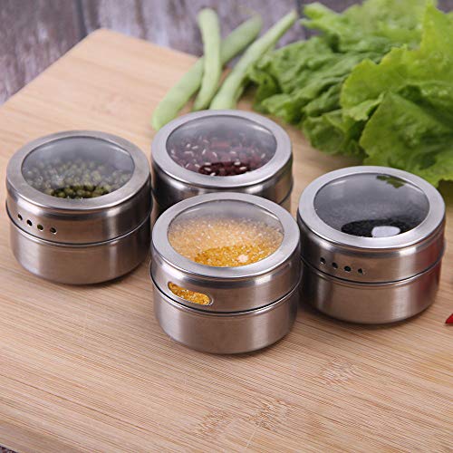 12 Powerful Magnetic Spice Tins- Stainless Steel Spice Storage Containers, Kitchen Spice Jars with Clear Lid with Sift & Pour, Rack Magnetic on Fridge, 120 Spice Labels - color: 12 MAGNETIC SPICE TINS