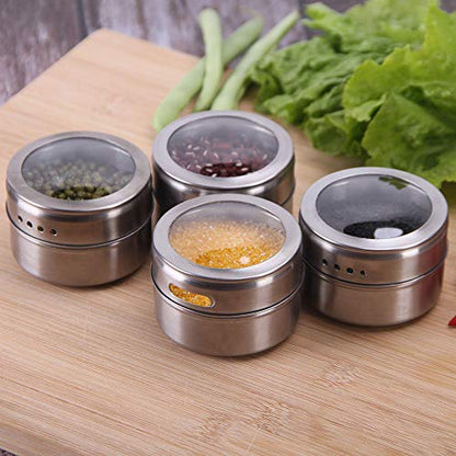12 Powerful Magnetic Spice Tins- Stainless Steel Spice Storage Containers, Kitchen Spice Jars with Clear Lid with Sift & Pour, Rack Magnetic on Fridge, 120 Spice Labels - color: 12 MAGNETIC SPICE TINS