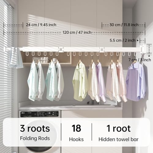 Abiglifty Clothes Drying Rack Wall Mounted, Laundry Drying Rack Collapsible, Foldable & Retractablewith 18 Hooks for Indoor/Outdoor Use inLaundry Room, Bathroom & Balcony (White) - color: White