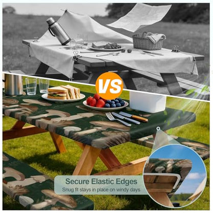 Picnic Table Cover with Bench Covers Camping Essentials Waterproof Windproof Camping Tablecloth with Drawstring Bag, Fitted Rectangle Tables and Seats, 72in, Dark Green Mushroom - color: Dark Green Mushroom, size: 72in