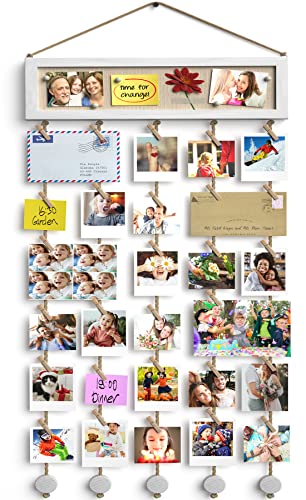 Bikoney Collage Picture Frames Hanging Photo Display Multi Pictures Organizer with Wood Bulletin Board Photo Board 30 Clips and 6 Pushpins for Room Wall Decor (White) - color: White&Display, size: 1-Pack