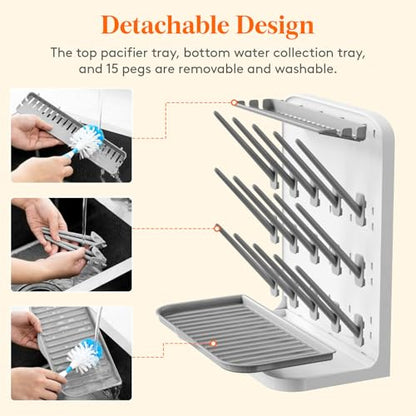 Lifewit Large Baby Bottle Drying Rack 15 Hooks, Newborn Essentials Must Haves, Bottle Storage Organizer for Countertop, Cabinet, Rack Dryer Holder for Pacifiers, Pump Parts, Baby Stuff - size: Large-15 Hooks, style: without Drain Mat