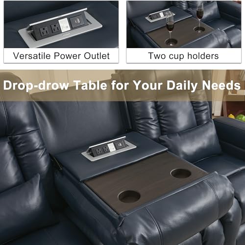 URRED Power Loveseat Recliner Sofa with Massage and Heat, Wall Hugger Reclining Loveseat with Console, RV Couch Home Theater Seating with LED Lights for Living Room (Dark Blue, 76.8" - 3 Seats) - color: Dark Blue, size: 76.8" - 3 Seats