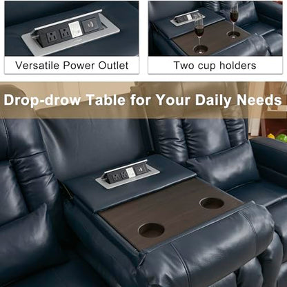 URRED Power Loveseat Recliner Sofa with Massage and Heat, Wall Hugger Reclining Loveseat with Console, RV Couch Home Theater Seating with LED Lights for Living Room (Dark Blue, 76.8" - 3 Seats) - color: Dark Blue, size: 76.8" - 3 Seats