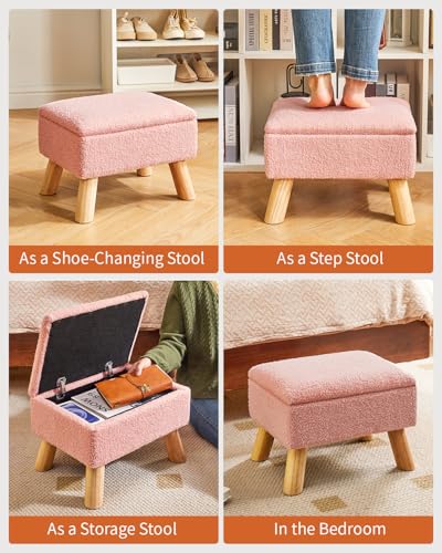 YMYNY Storage Ottoman,Small Foot Stool, 15.75"×11.81"×11.02" Pink,HBD042P | Teddy Velvet ,Sturdy Wood Legs, Foot Stool with Padded Seat, For Living Room Bedroom Couch Entryway - color: Pink