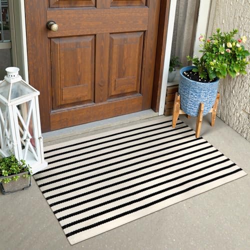 Collive Black and White Striped Door Mat 24"x35", Cotton Hand Woven Welcome Entryway Rug,Washable Small Porch Patriotic Decor, Welcome Door Mat for Indoor Outdoor Kitchen Farmhouse Entrance - color: Black Strips, size: 2' x 3' (Rectangular)