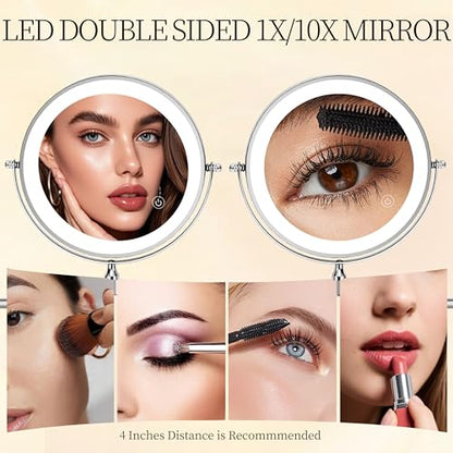 Rocollos Rechargeable Wall Mounted Lighted Makeup Mirror Chrome, 8 Inch Double-Sided LED Vanity Mirror 1X/10X Magnification,3 Color Lights Touch Screen Dimmable 360°Swivel 13 Inch Extendable - color: 8 Inch Chrome