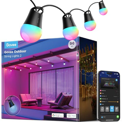 Govee Smart Outdoor String Lights 2, 96ft RGBIC Outdoor Lights with Dimmable Warm White LED Bulbs, 47 Scene Modes for Patio, Backyard, IP65 Waterproof, Compatible with Alexa, App Control - size: 96ft