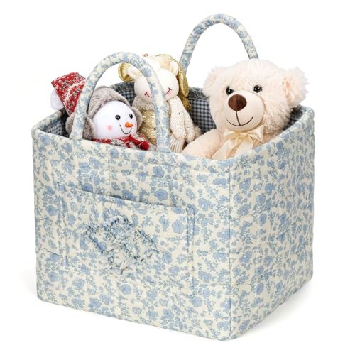 Storage Basket Boho Fabric Large Collapsible Floral Laundry Nursery Hamper Portable Folding Storage for Clothes Toys (Blue Floral B) - color: Blue Floral B