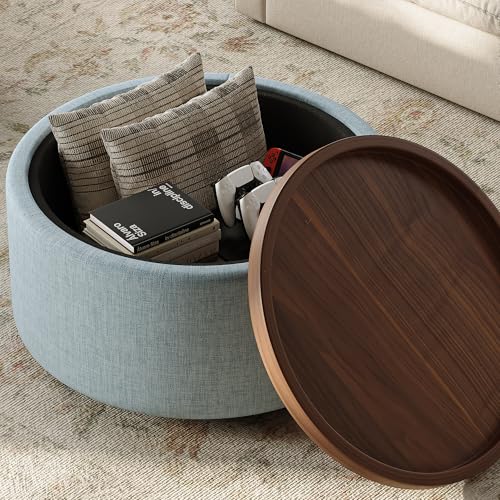 Round Storage Ottoman Coffee Table with Walnut Tray, 30'' Round Ottoman with Storage, Modern Upholstered Coffee Table with with 4 Casters for Living Room, Linen Fabric, Light Blue - color: Light Blue