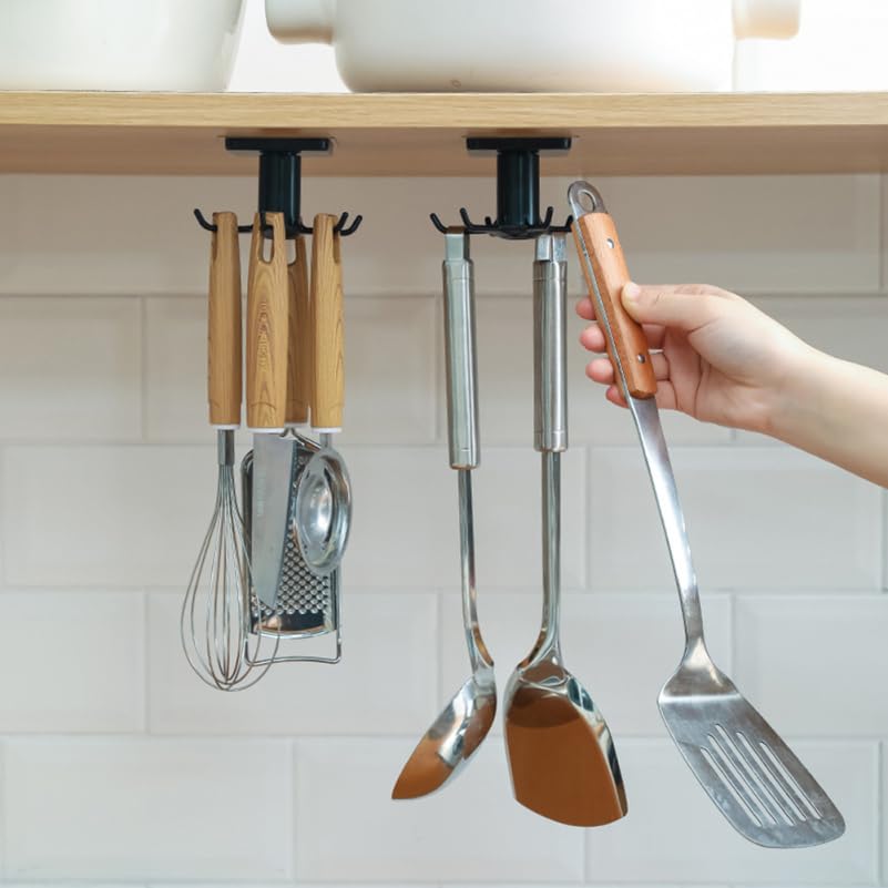 Rotatable 6-Hook Wall Mounted Organizer Rack for Kitchen and Bathroom Punch-Free Installation Space-Saving Holder for Utensils and Accessories on Smooth Surfaces