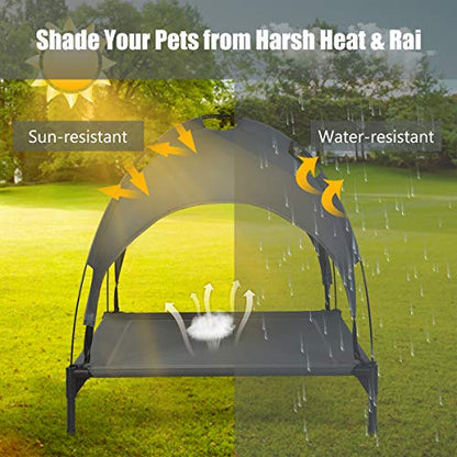 Giantex Elevated Dog Bed with Removable Canopy, Portable Raised Pet Cot Cooling Dog Bed for Camping Beach Lawn, Keep Dogs Cats Cool in Summer, Breathable Fabric Steel Frame, Easy Assembly - size: L (35.5'' x 32'' x 32'')