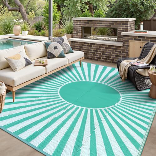 Wonnitar Waterproof 9x12 Outdoor Camping Rug - Large Plastic Straw Patio Rugs Clearance, Lightweight Reversible Outside Carpet for RV, Deck, Picnic, Beach, Balcony (Blue-Green, 9'x12') - color: Blue-green, size: 9' x 12' (Rectangular)